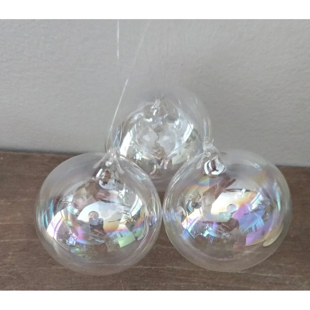3 Clear Iridescent Glass Christmas Ornaments Vintage Style Round Ball Decor